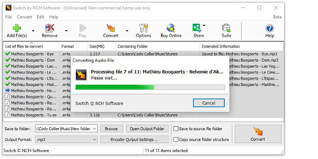 Switch Audio File Converter Software converting M4A files to MP3 in a batch conversion