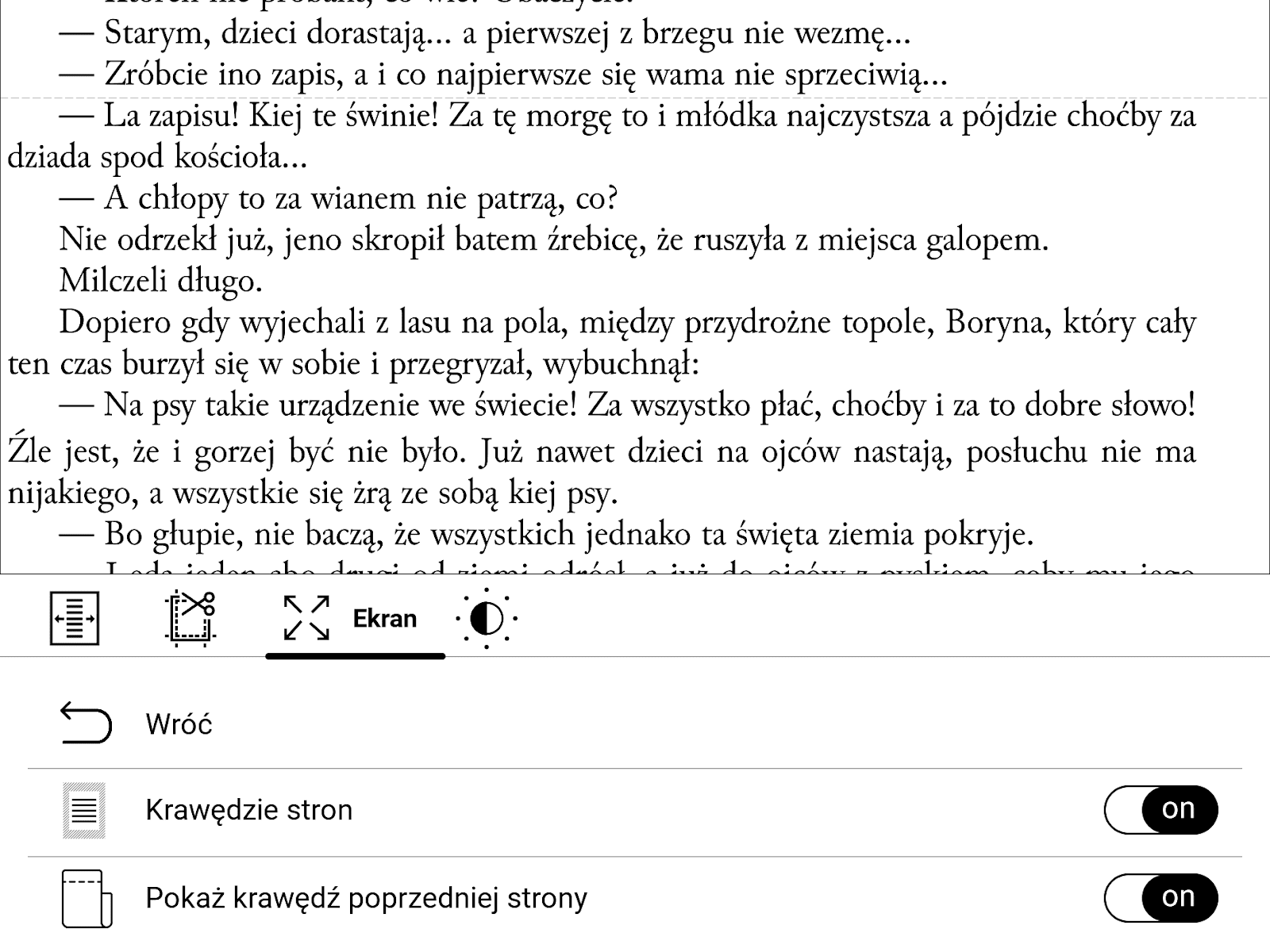 PocketBook InkPad 4 – włączone wyświetlanie krawędzi strony i granicy poprzedniego widoku ekranu