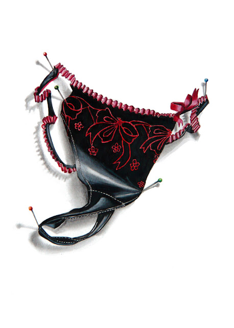 Ce dessin représente le string proposé par Claudine. Noir avec des broderies florales rouges.