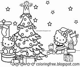 Xmas tree happy hello kitty home coloring charming Christmas drawing for teenage children to color