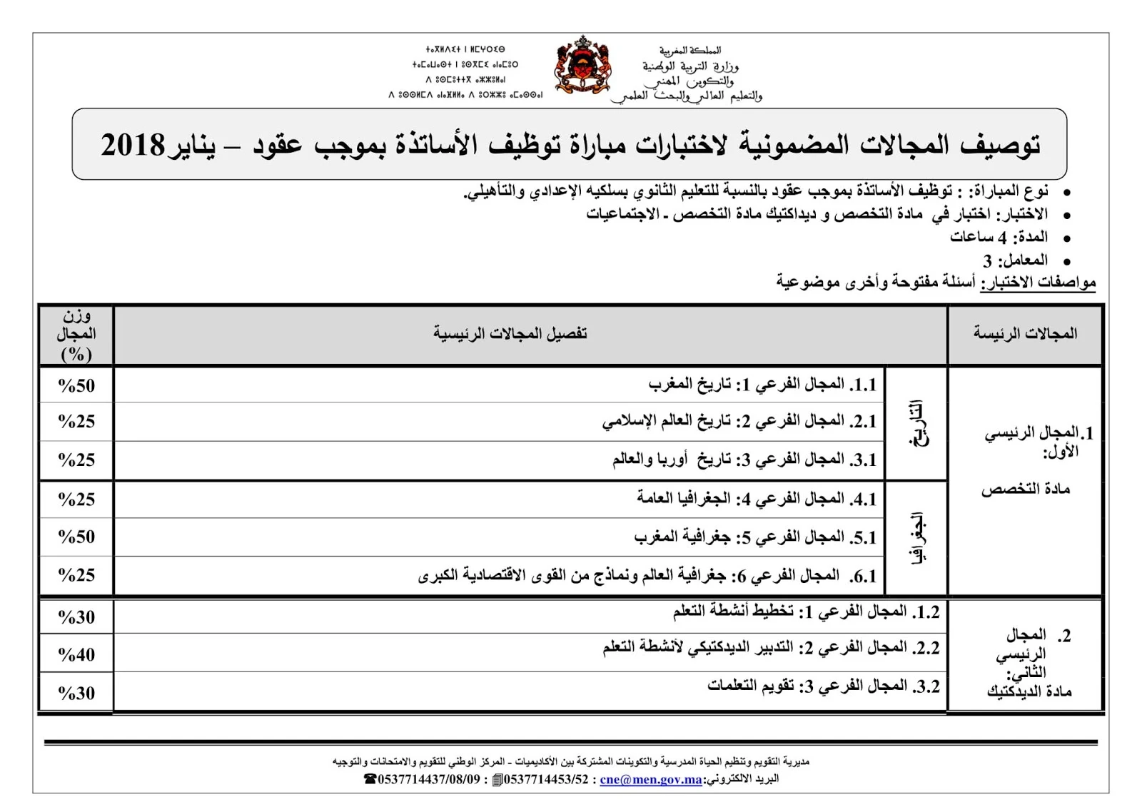 مواصفات الاختبارات الكتابية لمباراة التوظيف بالتعاقد 2018 الثانوي بسلكيه