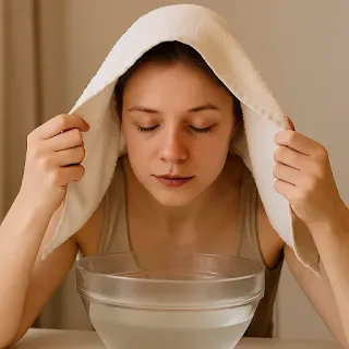 A woman steaming her face with a towel over her head and a bowl of hot water."