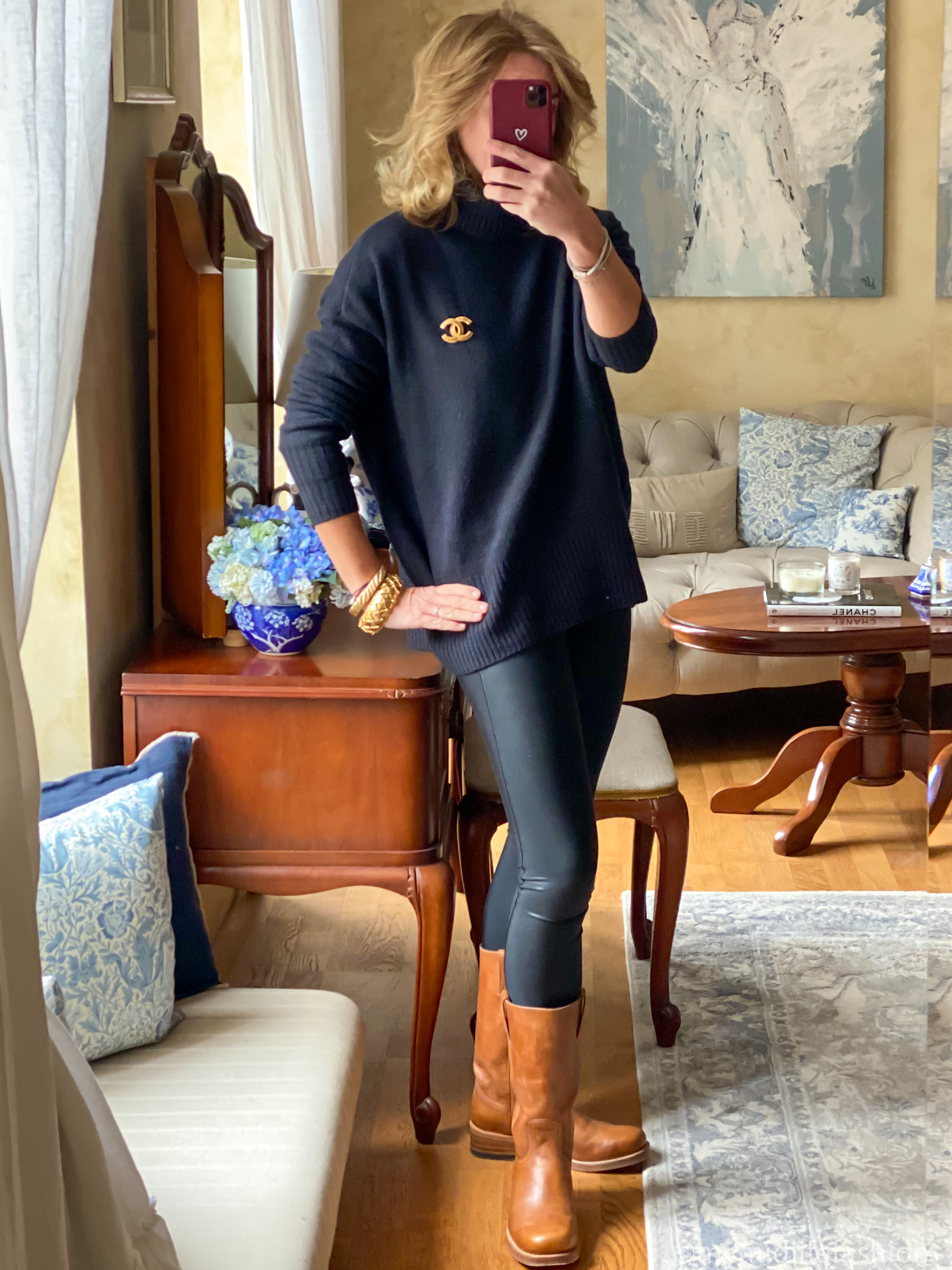 my midlife fashion, amazon roll neck jumper, Chanel vintage brooch, spanx faux leather leggings, Sendra knee length leather boots, vintage gold bangles