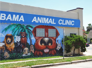 Animal clinic mural with images of cats and dogs on W. Alabama 