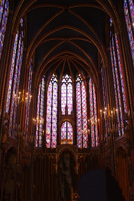 Stained glass windows inside of Sainte Chapelle