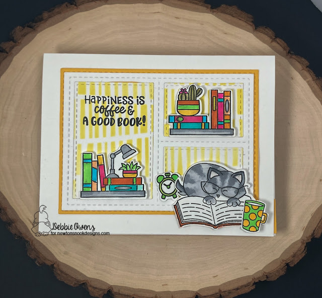 Happiness is coffee and a good book by Debbie features Never Enough Books, Newton's Book Club, Serene Stripes, Frames & Tags, and Basic Frames by Newton's Nook Designs; #inkypaws, #newtonsnook, #coffeelovers, #coffeecards, #cardmaking, #catcards, #cardchallenge