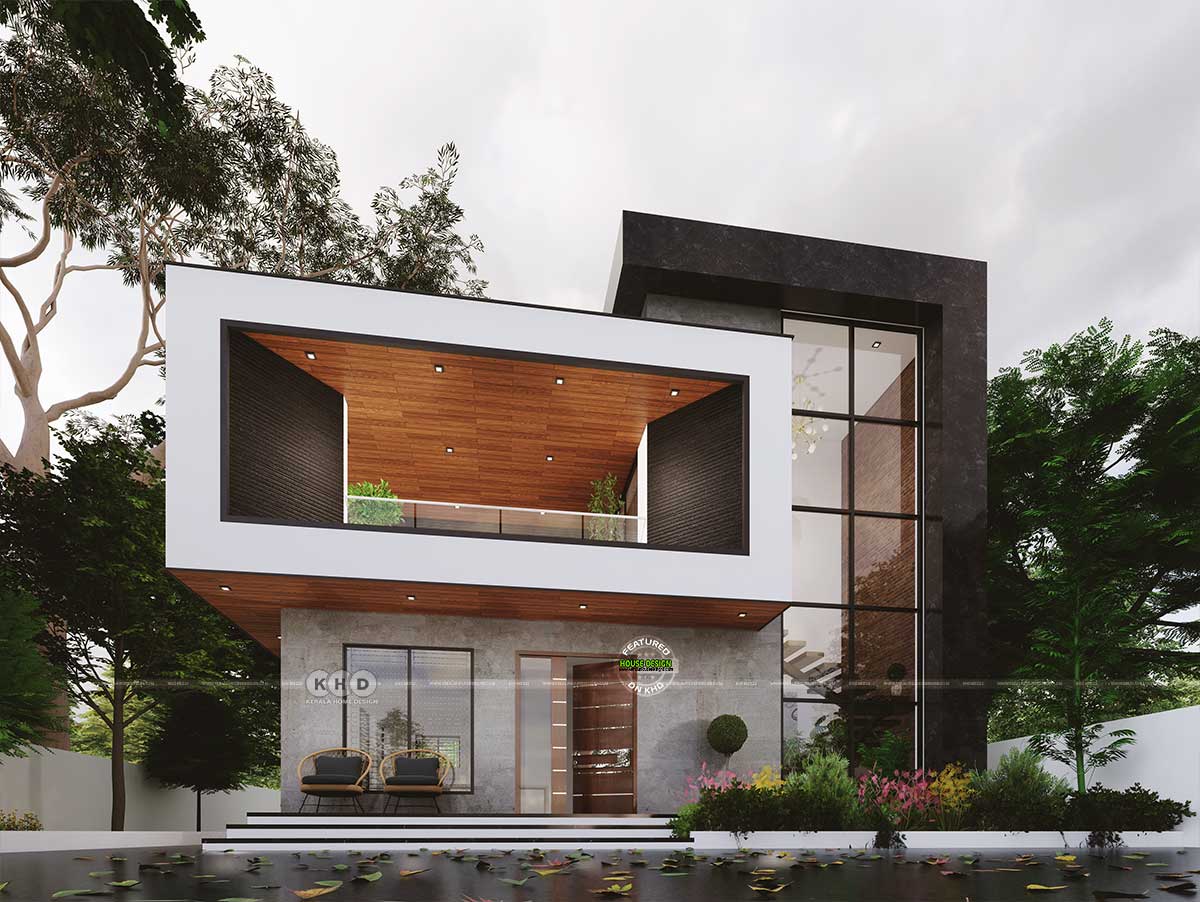 Aerial view of a stunning ultra-modern villa, featuring sleek lines, large glass windows, and a rectangular square box exterior balcony with wooden false ceiling.