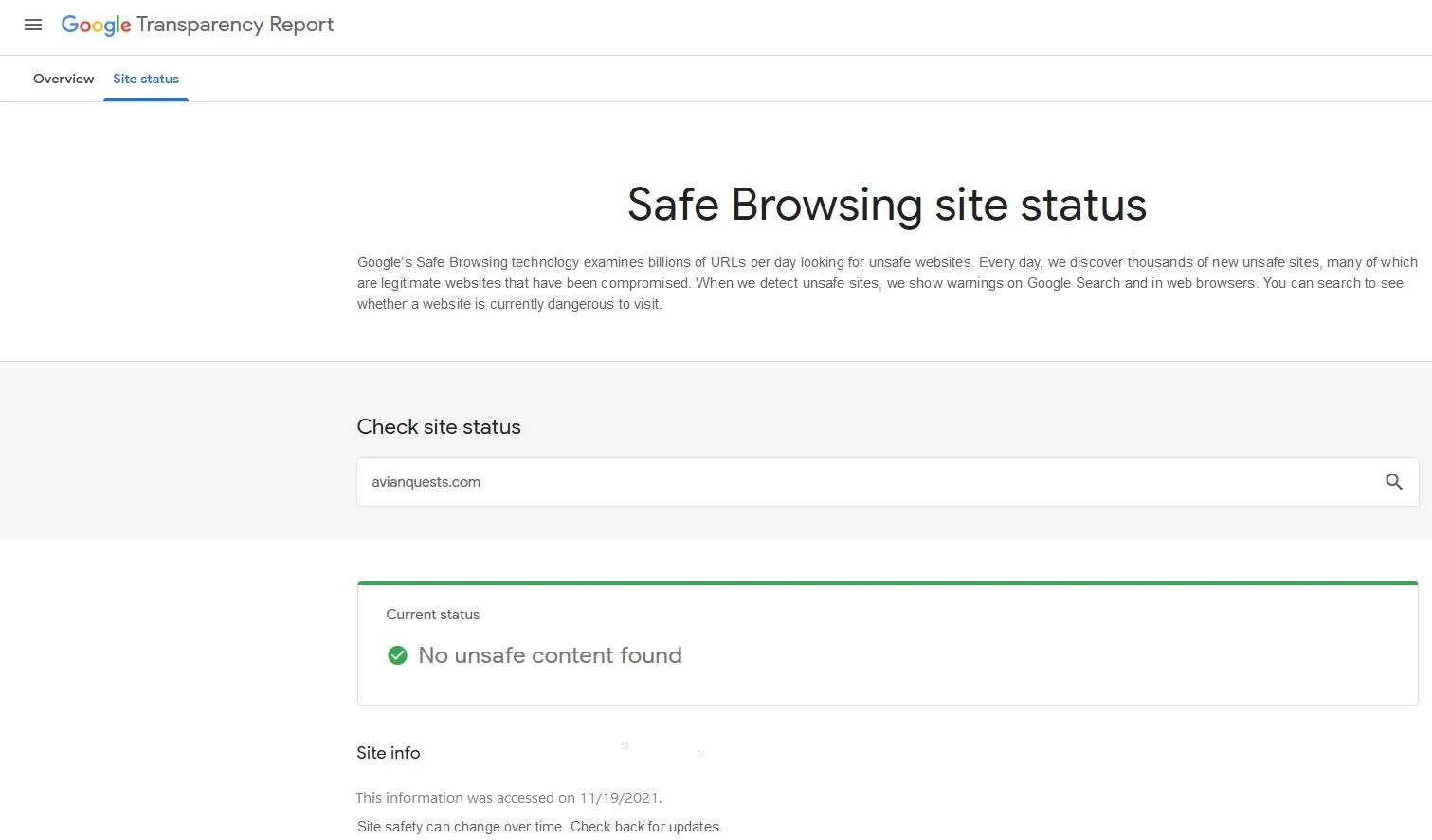 Google Safe Browsing Results