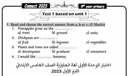 اختبار الوحدة الأولى لغة انجليزية الصف الخامس الابتدائي الترم الأول 2023