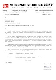 Allotment / Transfer / Posting of officials upto ASP Level - AIPEU Letter to Directorate 