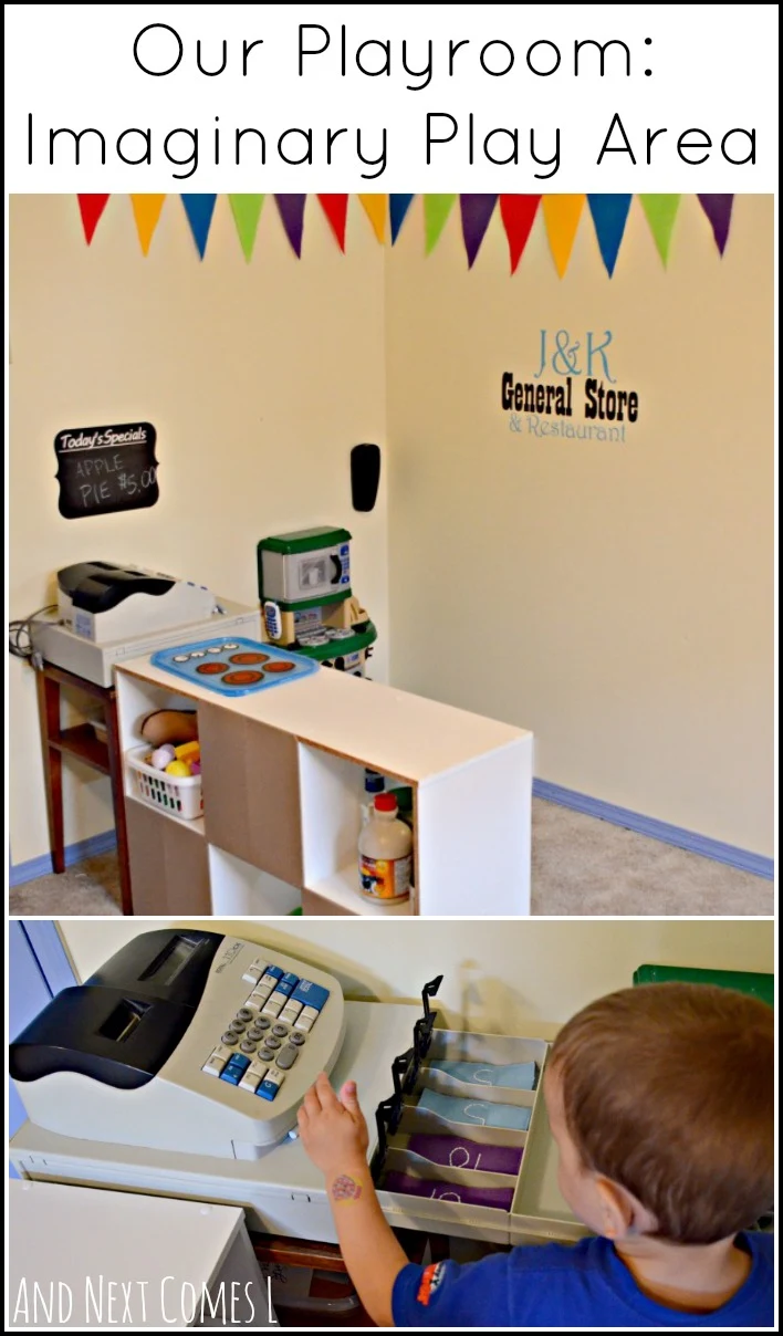 Playroom idea: imaginary play area with kitchen, homemade felt food, real cash register, and more! from And Next Comes L