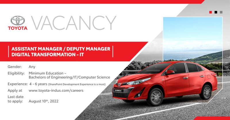 Toyota Indus Motor Company Ltd JobS For Assistant Manager / Deputy Manager Digital Transformation - IT