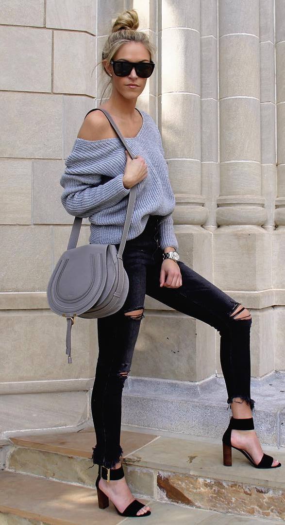 casual style perfection: knit + bag + rips + heels