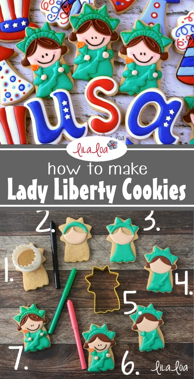 Patriotic decorated chocolate sugar cookies - Statue of Liberty and fireworks