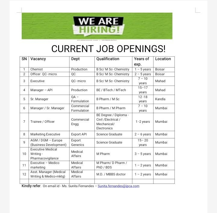 Job Availables, IPCA Laboratories Ltd Job Opening for Msc Chemistry/ Bsc/ M.Pharma/ B.Pharma/ D.Pharma/ Diploma (Civil/ Elec/ Mech/ Electronics)/ Ph.D/ B.Tech/ M.Tech In Multiple Dept