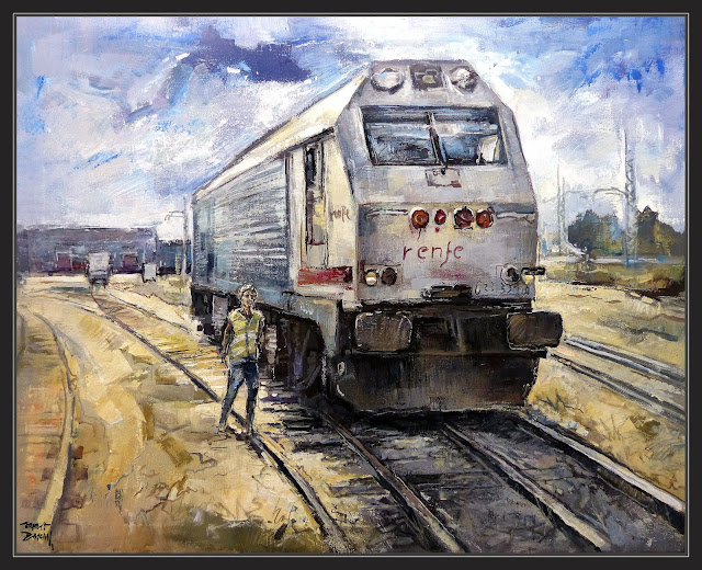 LOCOMOTORAS-FERROCARRILES-PINTURA-FERROCARRIL-LOCOMOTORA-TREN-RENFE-TARRAGONA-CUADROS-PINTOR-ERNEST DESCALS-