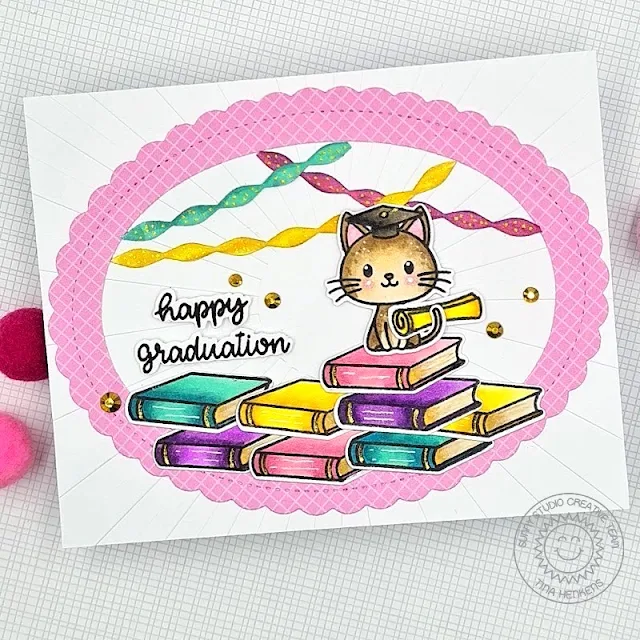 Sunny Studio Stamps: Grad Cat Graduation Card by Tina Henkens (featuring Woo Hoo, Happy Thoughts, Scalloped Oval Mat Dies, Crepe Paper Streamer Dies)