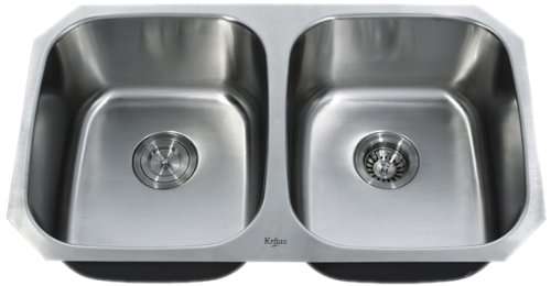 Kraus KBU22 32-Inch Undermount 50/50 Double Bowl 16 gauge Kitchen Sink, Stainless Steel