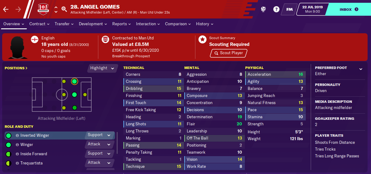 Angel Gomes: Starting Attributes in FM2020