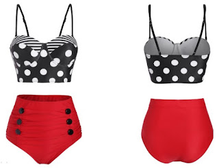 Polka Dot Striped Button Embellished Moulded Tankini Swimwear