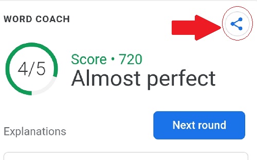 how to share my word coach score - how to share your score of google word coach with your friends. - share your score button in google word coach game card