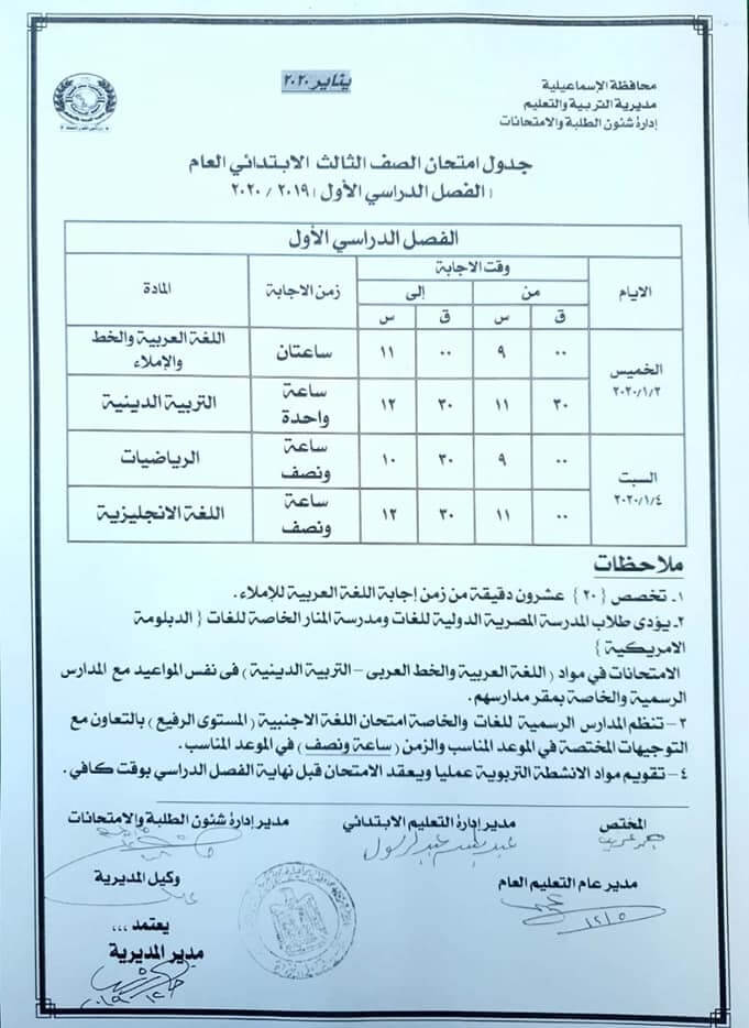 جدول امتحانات الصف الثالث الابتدائي نصف العام 2020 محافظة الإسماعيلية