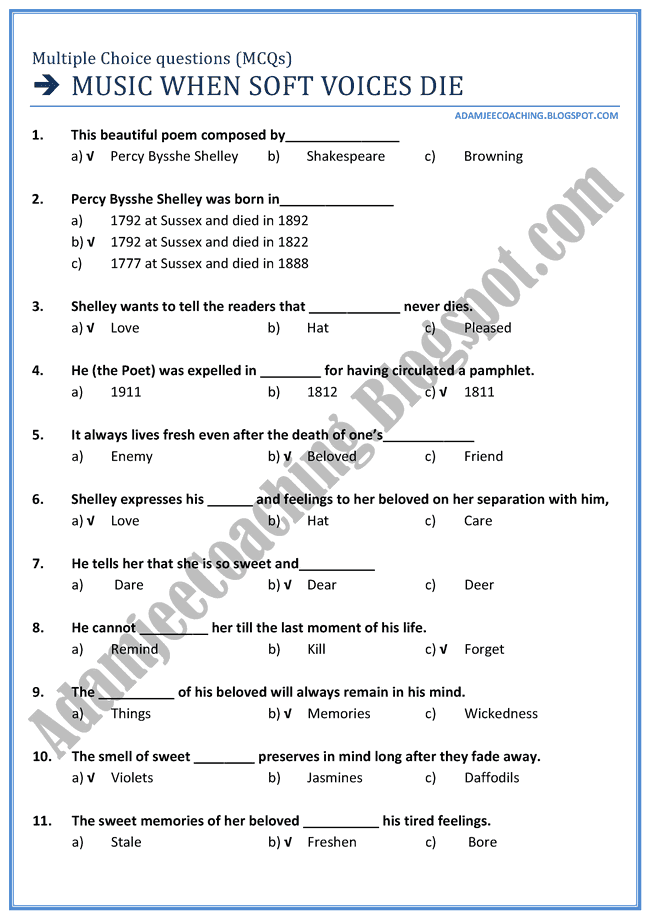 English XII - Music When Soft Voices Die - Mcqs