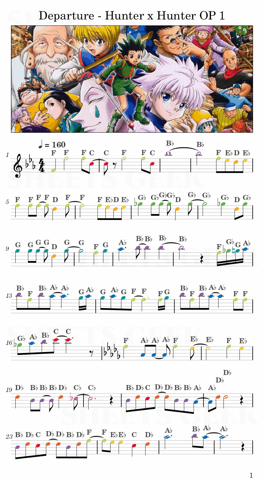 Departure - Hunter x Hunter OP 1 Easy Sheets Music Free for piano, keyboard, flute, violin, sax, celllo 1