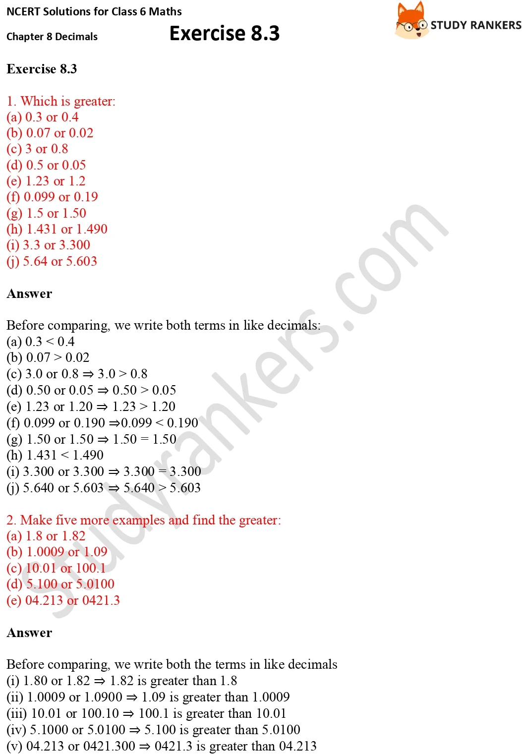 NCERT Solutions for Class 6 Maths Chapter 8 Decimals Exercise 8.3