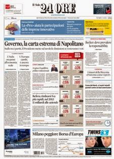 Il Sole 24 Ore del 30 Marzo 2013 | ISSN 0391-786X | PDF HQ | Quotidiano | Economia | Finanza | Politica
Il Sole 24 Ore è il quotidiano economico più venduto tra quelli pubblicati in Italia e il terzo giornale d'informazione più venduto nel paese dopo il Corriere della Sera e La Repubblica.
La testata nacque il 9 novembre 1965 dalla fusione di due quotidiani: Il Sole, fondato nel 1865, e 24 Ore, nato nel 1946.