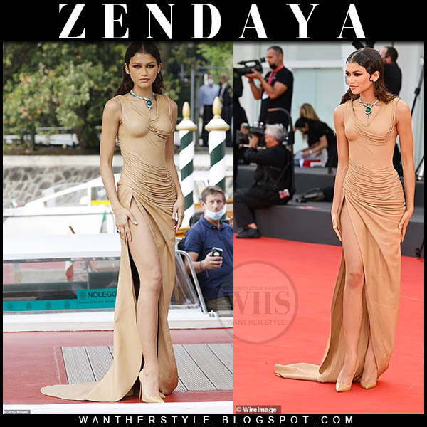 Zendaya in beige draped side slit gown and beige pumps