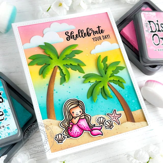 Sunny Studio Stamps: Mermaid Kisses Beach Themed Card by Leanne West (featuring Tropical Trees Backdrop Dies)
