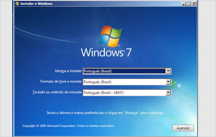 Tela de instalação do Windows 7 - Redefinir senha