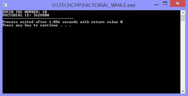 C++ Program to calculate factorial of a given number with output