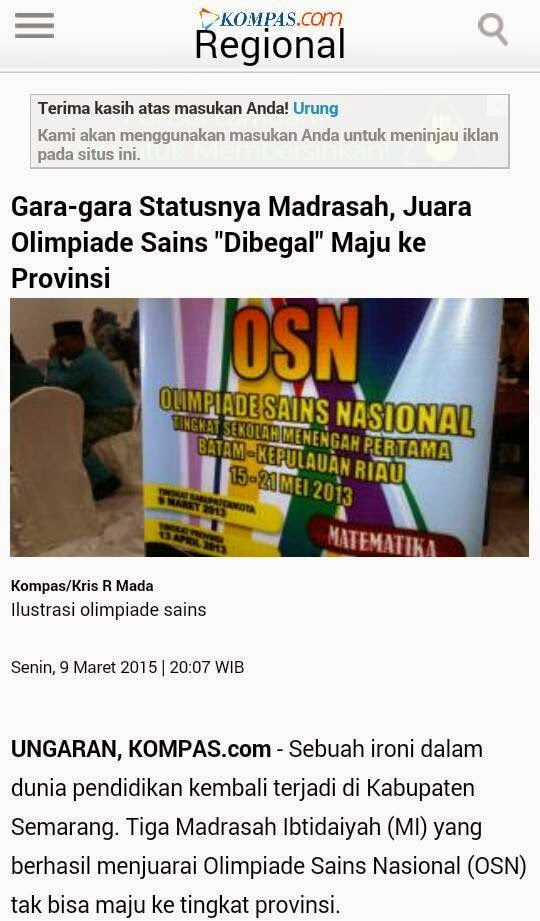 Gara-gara Statusnya Madrasah, Juara Olimpiade Sains "Dibegal" Maju ke Provinsi