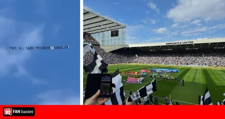 Banner with 'Free all Saudi prisoners' message flown over St James' Park during Newcastle vs Arsenal match