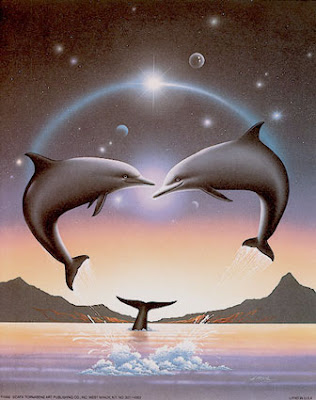 Imagen de fantasi de delfines saltando sobre el mar 