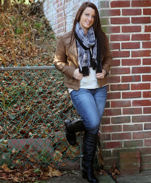 Leather Jacket + Casual Jeans + Scarf