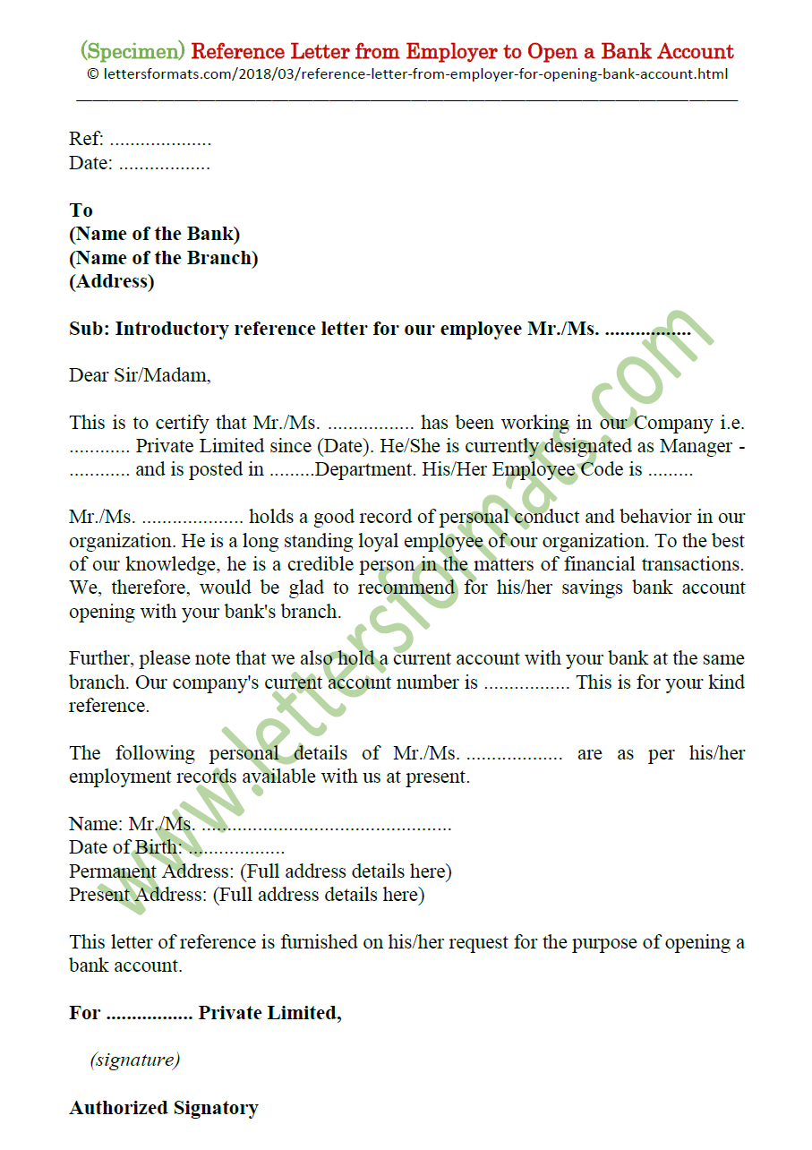 Sample Reference Letter from Employer to Open Bank Account