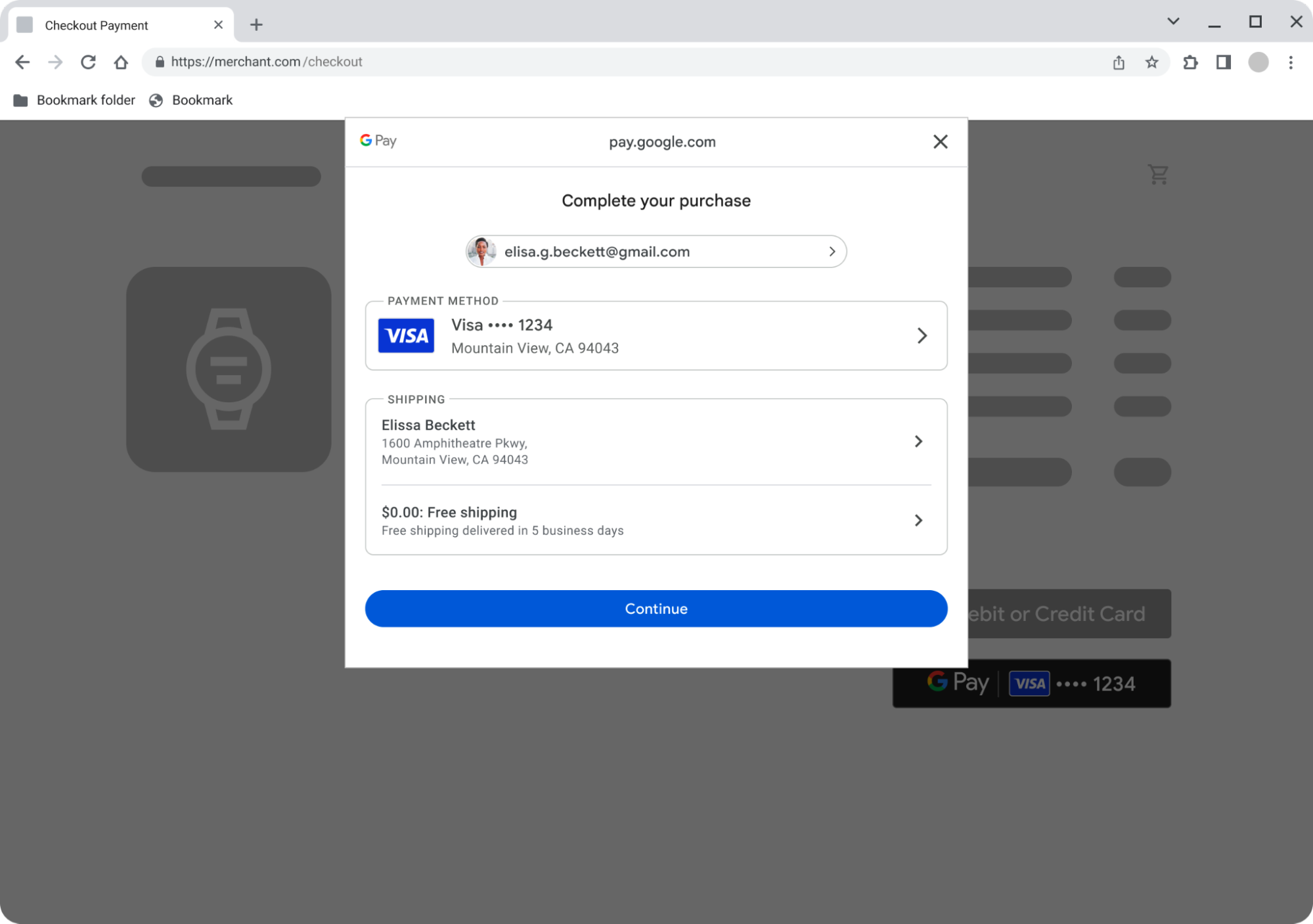 Google Pay displayed inside the new minimalistic Payment Handler window