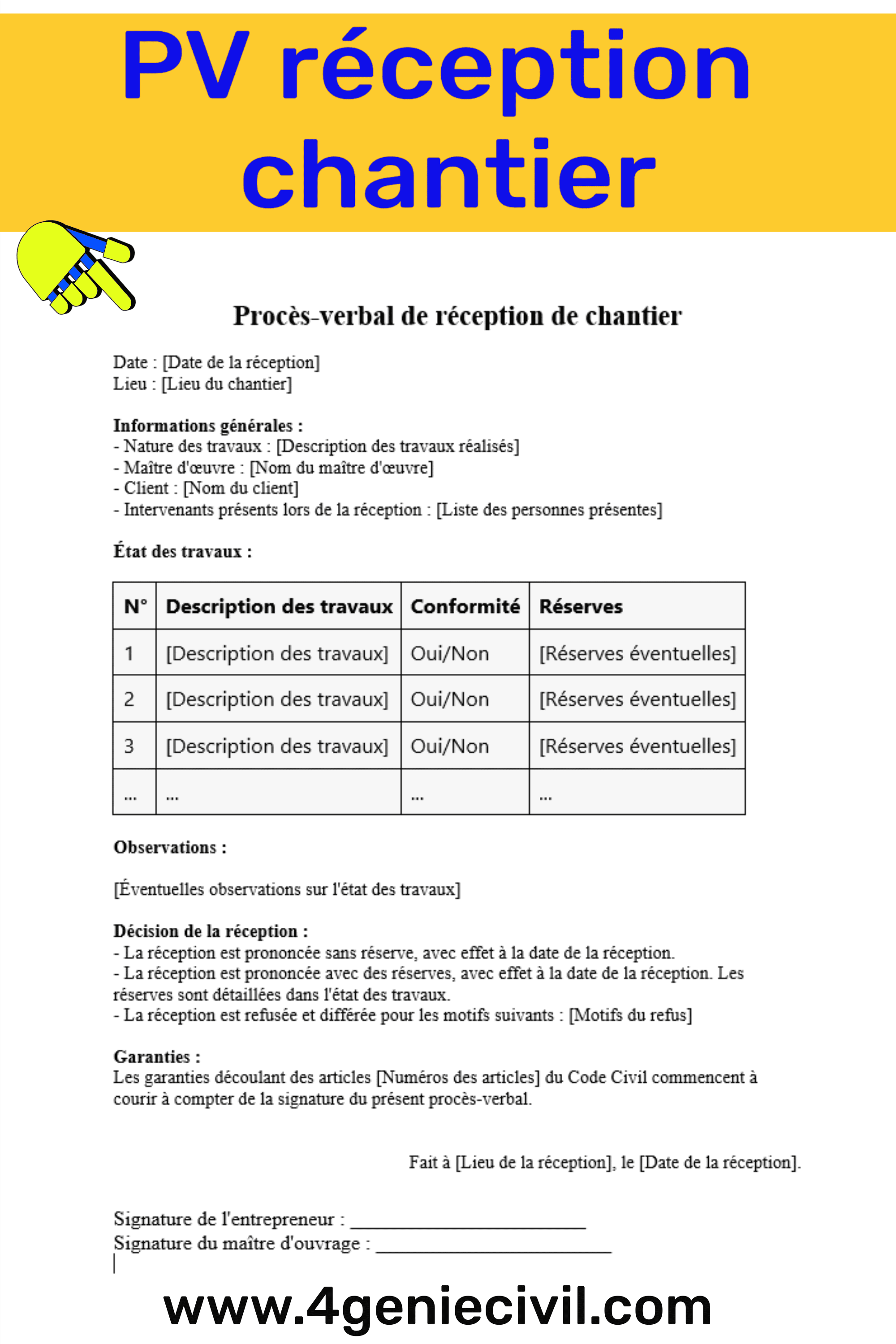 Exemple de PV de réception de chantier word