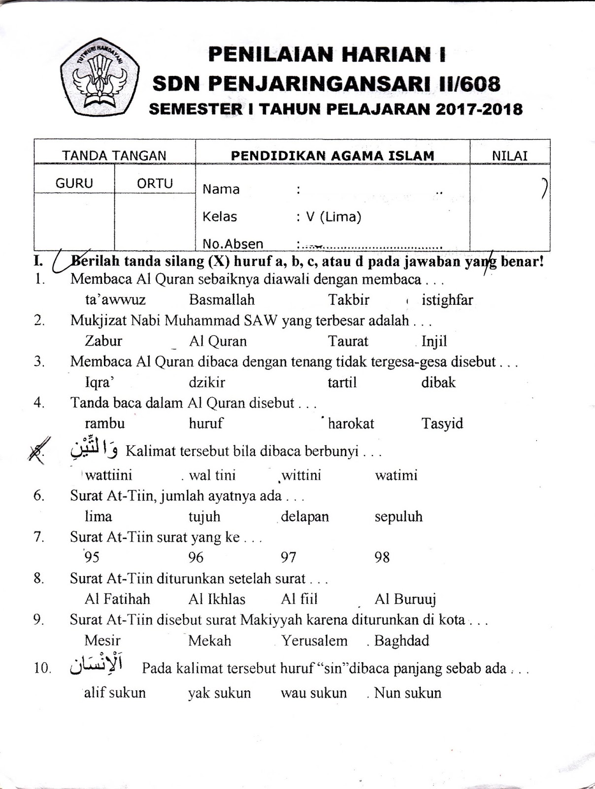 Penilaian Harian Pendidikan Agama Islam SD Kelas 5 TA 2017 2018 Semester Ganjil Kurikulum 2013 Halaman 1