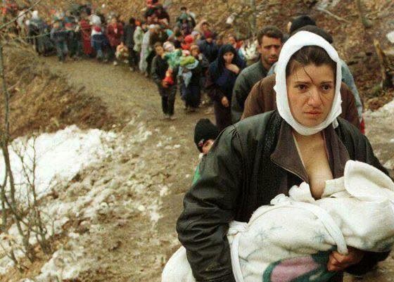 Kosovars who leave their homes due to the Serbian occupation, a mother can be seen holding the baby in her arms and at the same time breastfeeding, a photo that is considered one of the symbols of the Kosovo war