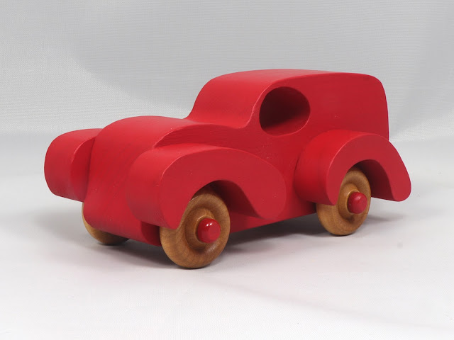 Handmade Wood Toy Truck Fat Fendered Freaky Ford Panel Wagon Hand Painted With Bright Red Acrylic Paint and Amber Shellac