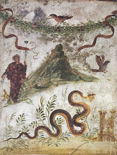 Ancient fresco of Mount Vesuvius and God Bacchus, Naples museum, Naples, Italy
