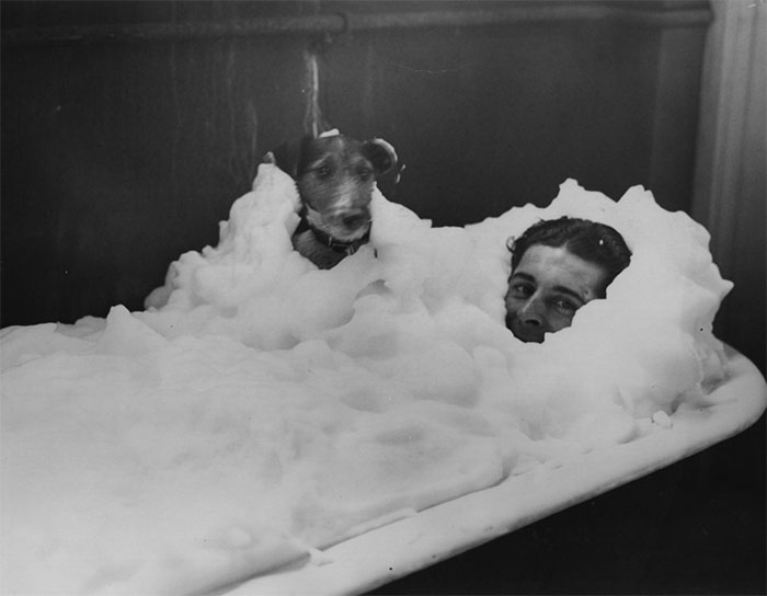 60 Inspiring Historic Pictures That Will Make You Laugh And Cry - Wally Kilminster Enjoys A Foam Bath With His Dog In The Dressing Rooms At Wembley Stadium, 1934