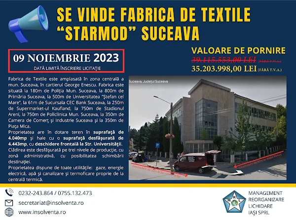 Licitație repetată pentru vânzarea fabricii Starmod Suceava. Prețul de pornire a scăzut cu un milion de euro