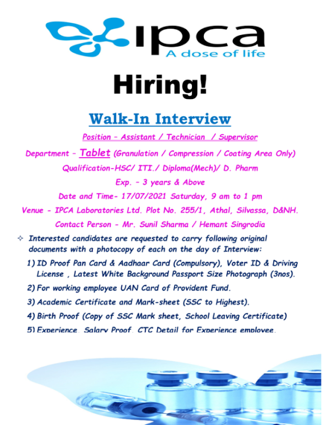 IPCA Labs | Walk-in interview for Production on 17th Jul 2021