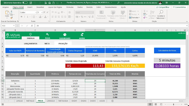 Planilha de Consumo de Água e Energia em Excel