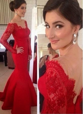 2015 Sexy Red Long Sleeves Prom Gown, Mermaid Evening Dress 